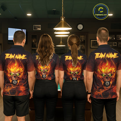 Orange Flaming Horror Skull 8 Ball Pool Women Billiard Polo & 1/4-Zip Shirt Custom Billiard Team Attire NYN2731