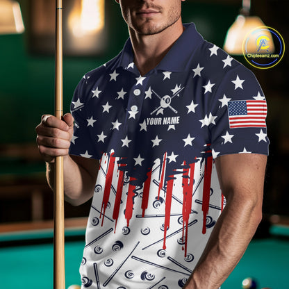 Blue Red American Flag 8 Ball Pool Men Billiard Ball Cue Shirt Custom Patriotic Billiard Team Attire NYN2733