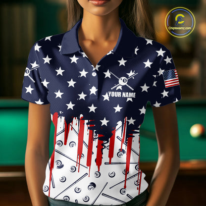 Blue Red American Flag 8 Ball Pool Women Billiard Ball Cue Shirt Custom Patriotic Billiard Team Attire NYN2733