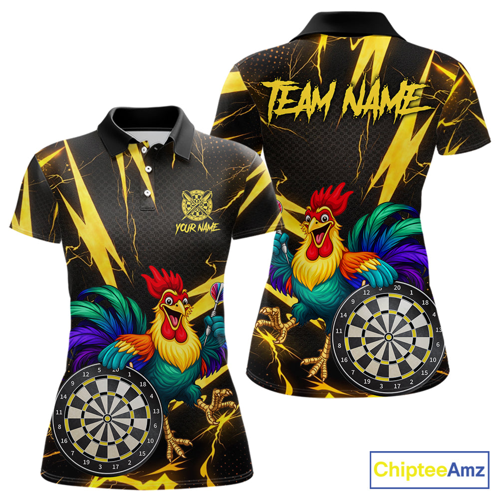 Funny Colorful Rooster Plays Darts Polo & Quarter Zip Shirt Custom Thunder Yellow Women Darts Jersey NYN2949