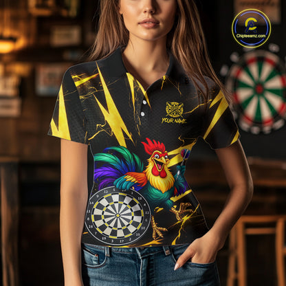 Funny Colorful Rooster Plays Darts Polo & Quarter Zip Shirt Custom Thunder Yellow Women Darts Jersey NYN2949