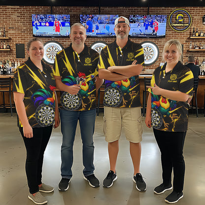 Funny Colorful Rooster Plays Darts Polo & Quarter Zip Shirt Custom Thunder Yellow Men Darts Jersey NYN2949
