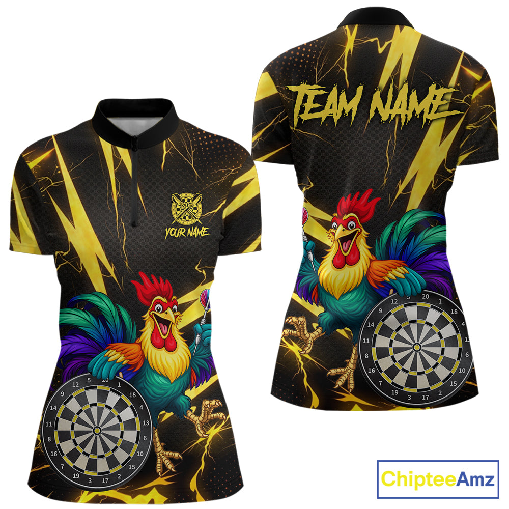 Funny Colorful Rooster Plays Darts Polo & Quarter Zip Shirt Custom Thunder Yellow Women Darts Jersey NYN2949