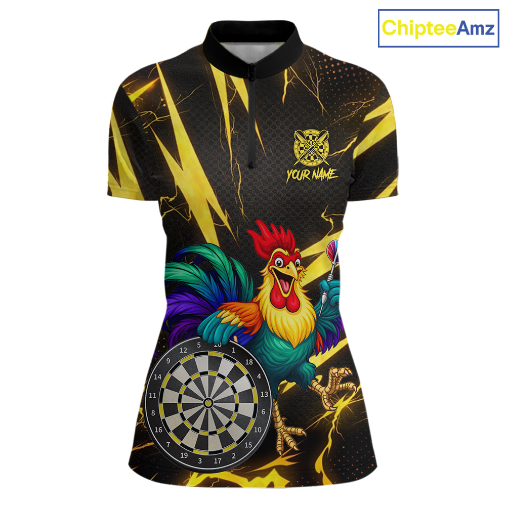 Funny Colorful Rooster Plays Darts Polo & Quarter Zip Shirt Custom Thunder Yellow Women Darts Jersey NYN2949