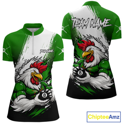 Personalized Funny Rooster 8 Ball Billiard Pool Shirt Custom Green Grunge Billiard Attire For Women NYN2952