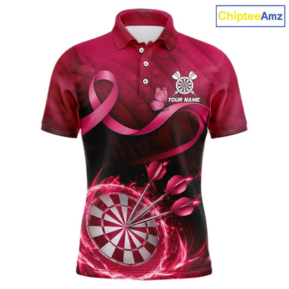 Pink Ribbon Thunder Lightning Men Dart Polo & Quarter Zip Shirt Custom Breast Cancer Darts Jersey NYN2947