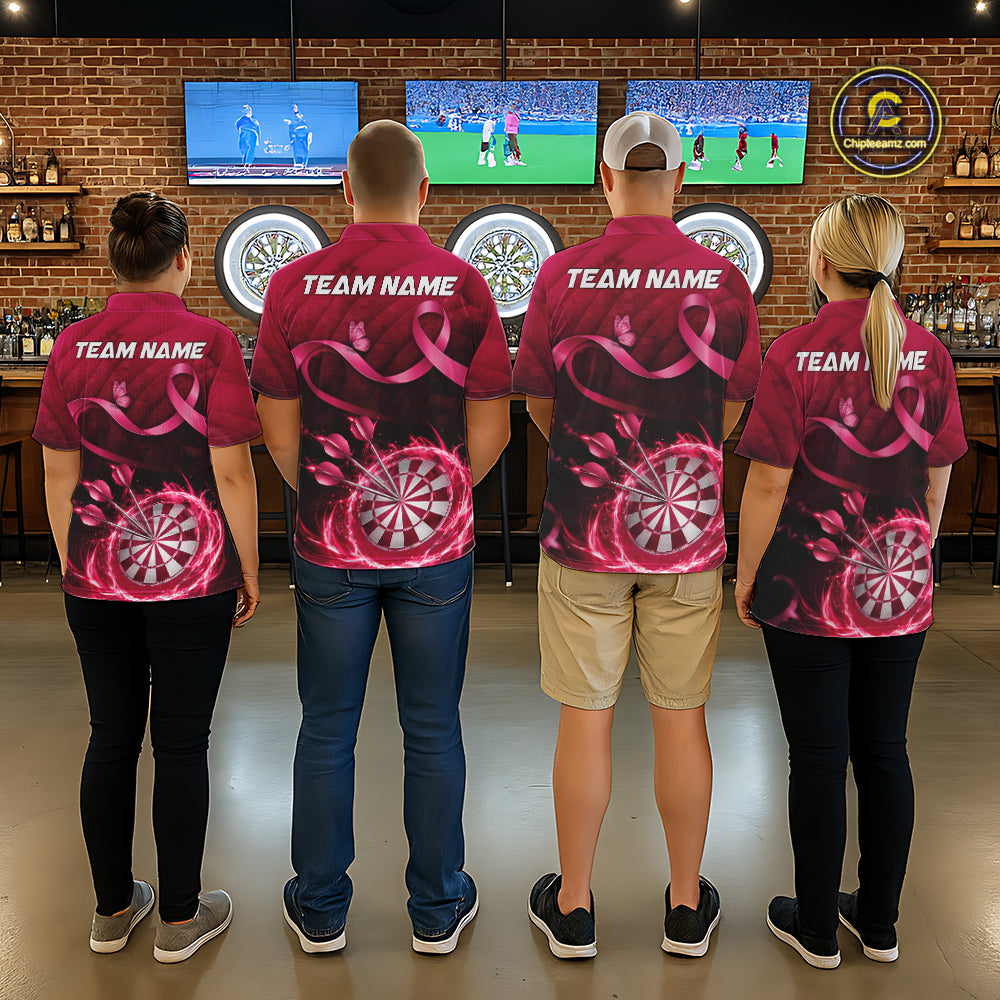 Pink Ribbon Thunder Lightning Men Dart Polo & Quarter Zip Shirt Custom Breast Cancer Darts Jersey NYN2947