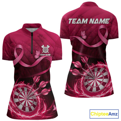 Pink Ribbon Thunder Lightning Women Dart Polo & Quarter Zip Shirt Custom Breast Cancer Darts Jersey NYN2947
