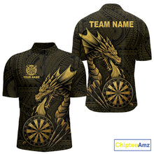 Load image into Gallery viewer, Gold tribal dragon darts 1/4-zip shirt for men custom dart team jersey