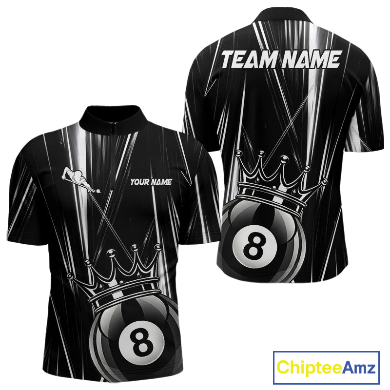 Black And White Crown 8 Ball Billiard Quarter-Zip Shirt For Men, Personalized Pool League Uniform, Tournament Apparel