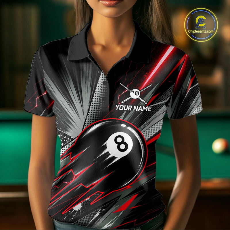 Female billiard player wearing Thunder Red 8 Ball Strike custom billiard shirt
