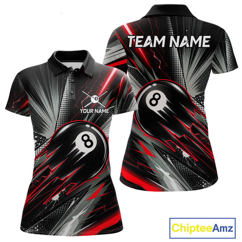 Thunder Red 8 Ball Strike Women's Billiard Polo Shirt Custom Pool Team Jersey League Apparel