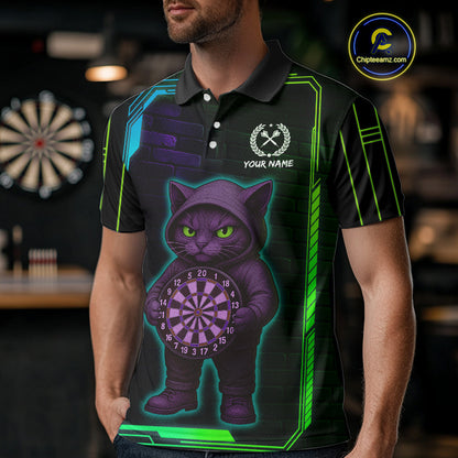 Lightning Cat Tech Green & Blue Neon Dartboard Men's Dart Polo Shirt Funny Dart Jerseys NYN1792