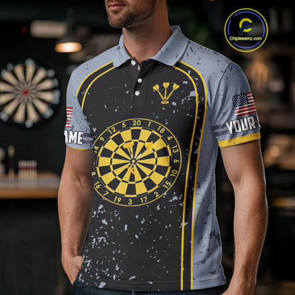 Custom Grey And Yellow US Flag Dartboard Dart Shirts For Men Patriotic Dart Team Jerseys NYN0042