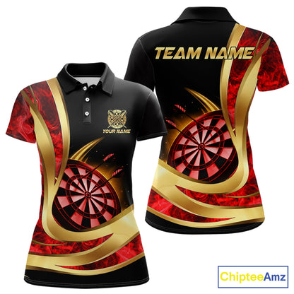 Personalized Red Flaming Thunder Darts Polo & 1/4-Zip Shirt For Women Gold Dart Team Dart Jerseys NYN2957