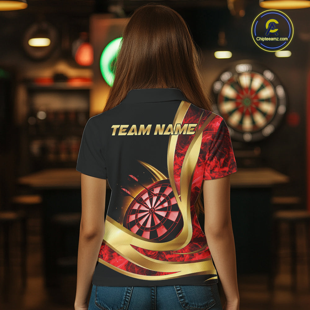 Personalized Red Flaming Thunder Darts Polo & 1/4-Zip Shirt For Women Gold Dart Team Dart Jerseys NYN2957