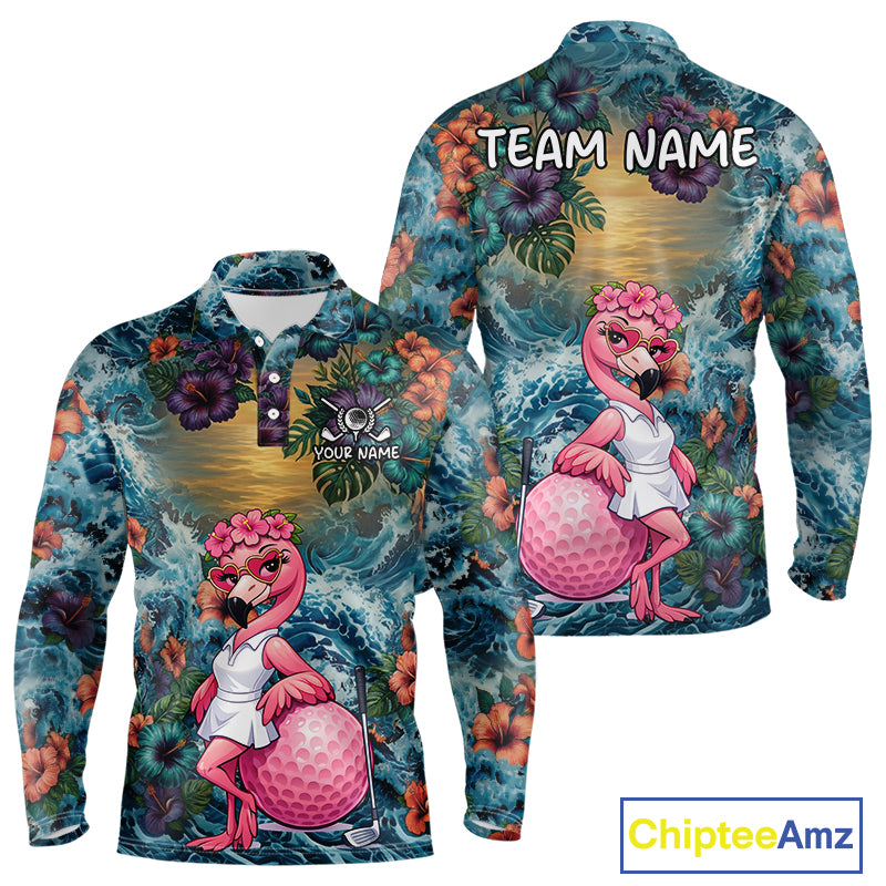 Mens Flamingo Golf Clothing Waving Tropical Golf Shirt Custom Floral Golf Polo, Best Golf Gifts NYN2959