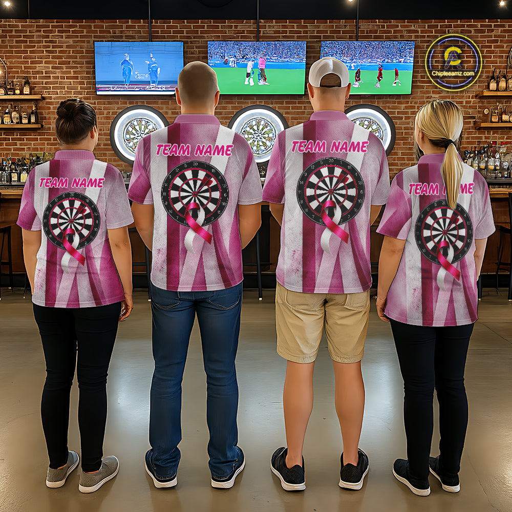 White & Pink Grunge Ribbon Dartboard Dart Shirt For Women Custom Breast Cancer Dart Team Jerseys NYN3353