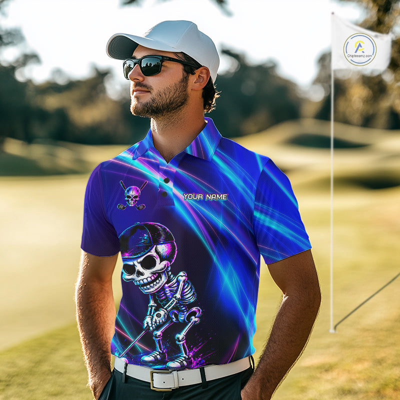 Male golfer wearing neon skull golf polo during championship event, stylish golf apparel for gothic fashion, Halloween golf outings and bold personalities.