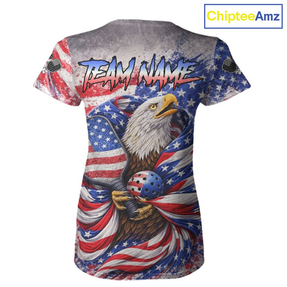 Custom Eagle US Flag Paint Pickleball Ball & Paddle T-Shirt Patriotic Pickleball Jersey For Women NYN2580