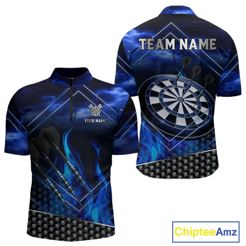 Flaming Dartboard & Dart Arrows Blue Darts Shirt For Men - Custom Name & Team Jersey NYN0668