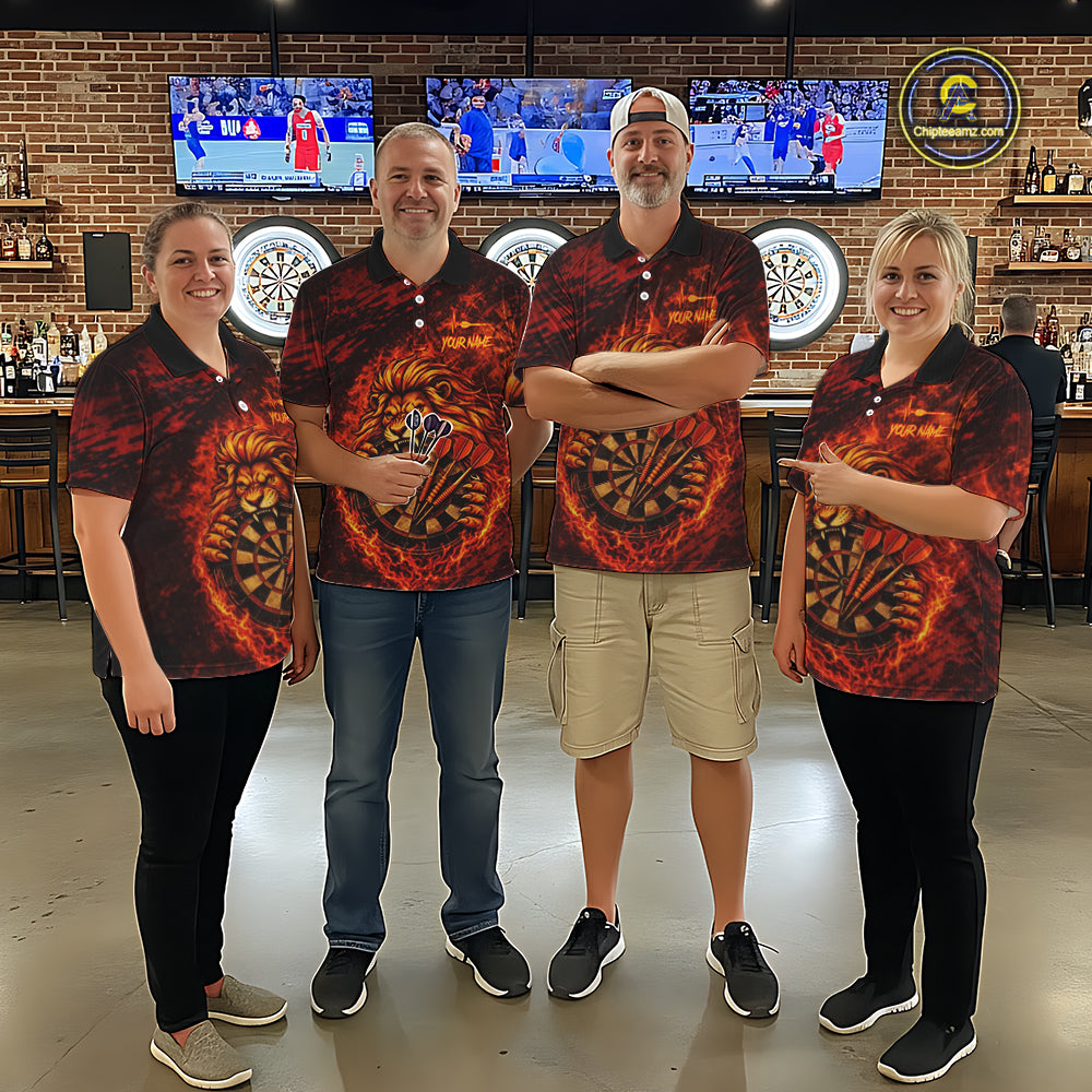 Lion Fire Flame Dartboard & Arrow Men Darts Polo Shirt Personalized Red Grunge Darts Jerseys NYN2599