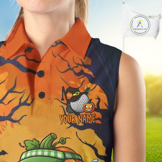 Female golfer wearing Pumpkin Halloween golf polo, personalized golf apparel, pumpkin golf fashion, fall golf vacation