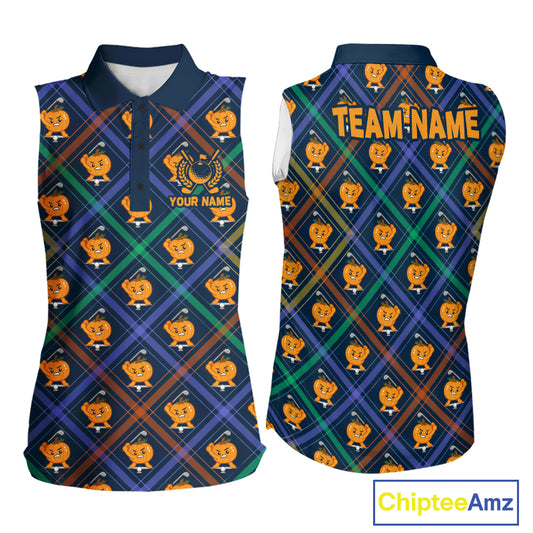 Plaid Caro Pumpkin Pattern women sleeveless golf polo, autumn plaid golf shirt, Halloween golf apparel, personalized golf uniform