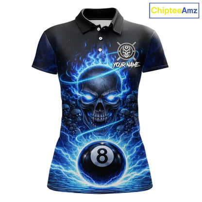 Blue Flames Multi Skull Thunder Pool 8 Ball 3D Billiard Shirt For Women Custom Billiard Team Attire NYN2603