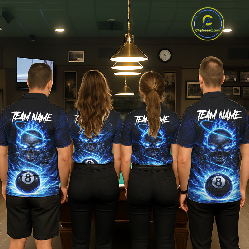 Blue Flames Multi Skull Thunder Pool 8 Ball 3D Billiard Shirt For Women Custom Billiard Team Attire NYN2603