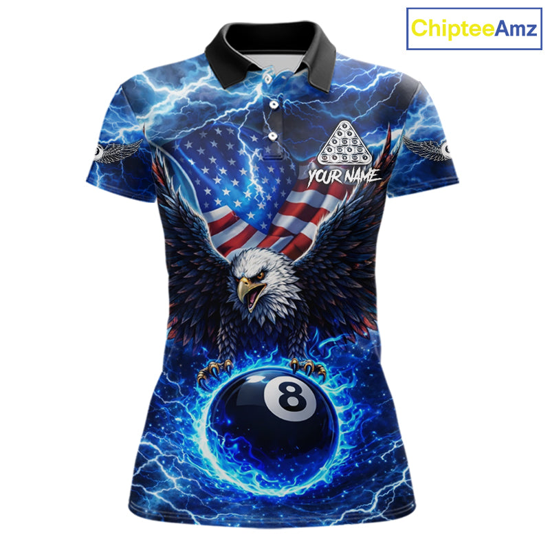 US Flag Eagle Thunder Blue Pool 8 Ball Women Billiard Shirt Custom Patriotic Billiard Team Attire NYN2604