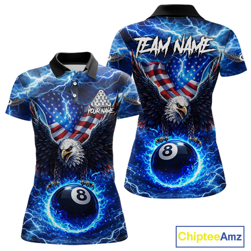 US Flag Eagle Thunder Blue Pool 8 Ball Women Billiard Shirt Custom Patriotic Billiard Team Attire NYN2604