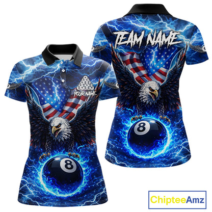 US Flag Eagle Thunder Blue Pool 8 Ball Women Billiard Shirt Custom Patriotic Billiard Team Attire NYN2604