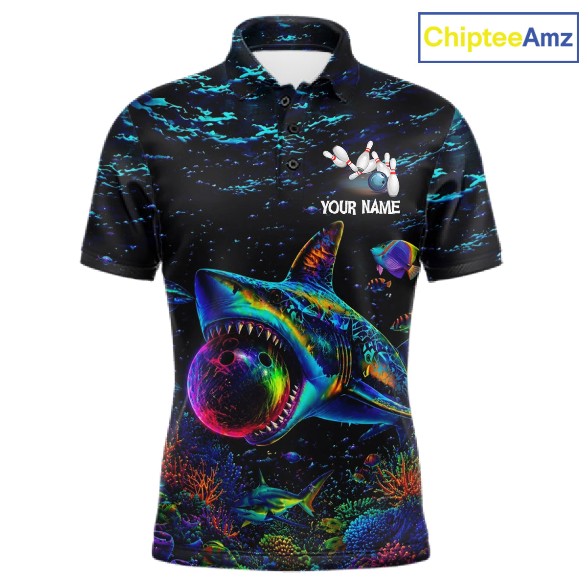 Funny Shark Ocean Neon Bowling  Jerseys For Men Custom Colorful Bowling Shirts Team Attire NYN3169