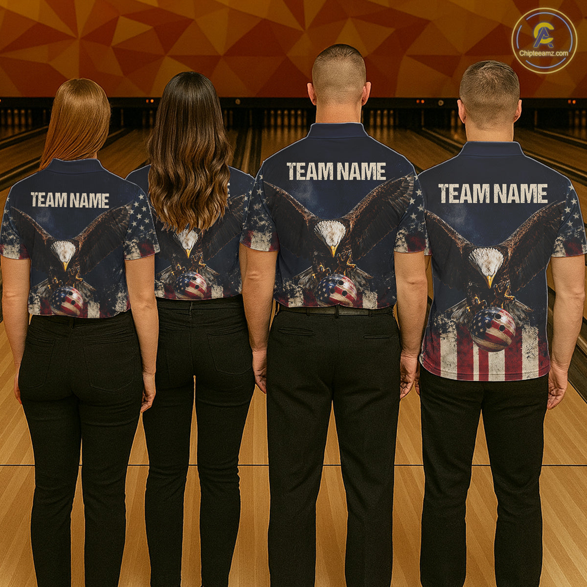 American Flag Grunge Bowling Team Jerseys For Women Custom Eagle Patriot Bowling Polo 1/4-Zip Shirt NYN3168