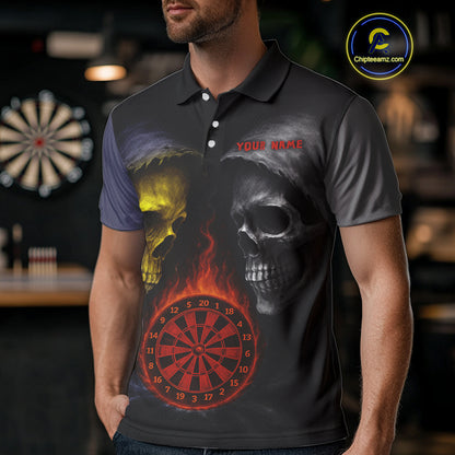 Flaming Dartboard Dual Skulls Funny Darts Shirt For Men - Customizable Name & Team NYN0404