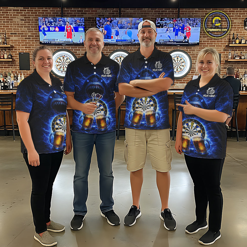 Blue Horror Shark Cheer Beer & Dartboard Men Darts Polo Shirt Custom Funny Dart Team Jersey NYN2617