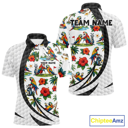 Tropical White And Black Golf Ball Polo Golf Shirts For Men Custom Parrot Golf Team Attire NYN3175