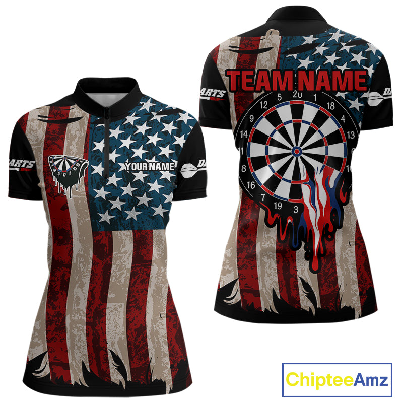 Dripping Dartboard Grunge US Flag Women's Darts Shirt - Custom Name For Dart Players NYN0420