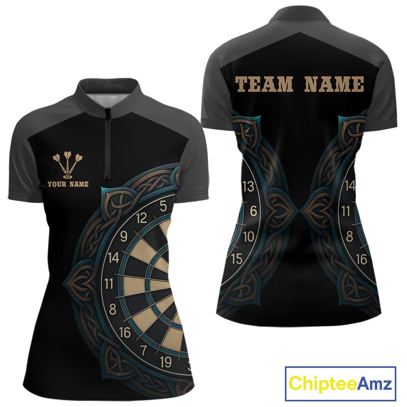Vintage Blue Gold Celtic Dartboard Women's Darts Shirt - Custom Name For Players NYN0424