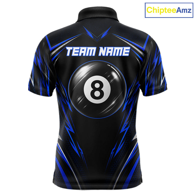 Men's patriotic billiard polo featuring black and blue American flag with glowing 8 ball graphics, personalized performance apparel for veterans, law enforcement supporters, APA leagues and patriotic pool players, representing freedom and honor.