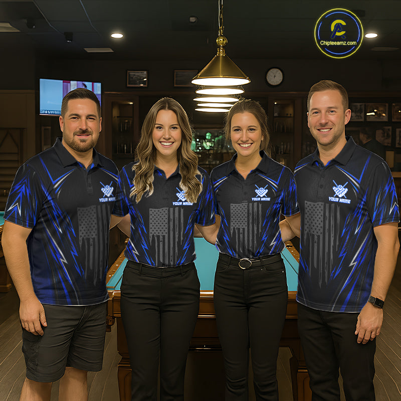 Men women billiard team wearing matching American flag jerseys during league competition, representing teamwork, patriotism, unity and championship ambition.