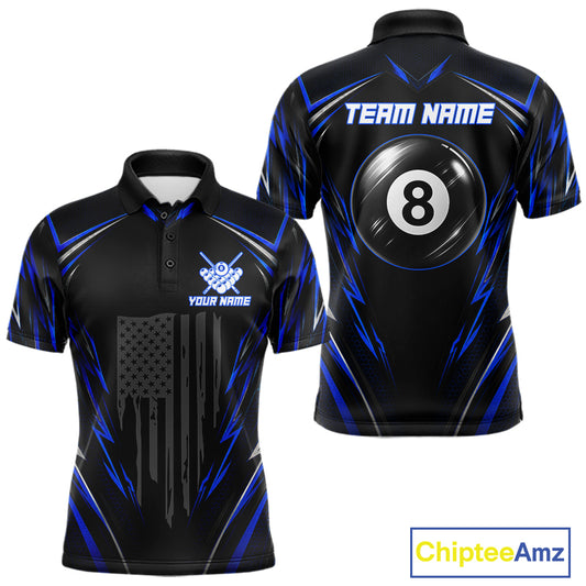 Men's patriotic billiard polo featuring black and blue American flag with glowing 8 ball graphics, personalized performance apparel for veterans, law enforcement supporters, APA leagues and patriotic pool players, representing freedom and honor.