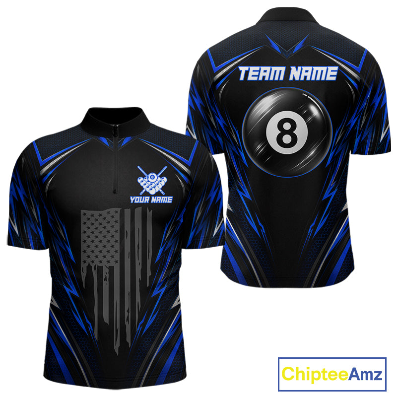 Men's quarter-zip billiard jersey featuring black blue US flag and illuminated 8 ball artwork, custom tournament apparel for patriotic teams, Memorial Day events and Independence Day competitions, symbolizing unity, courage and American pride.