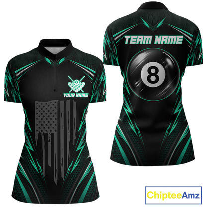 Women's quarter-zip billiard jersey featuring black green American flag with realistic 8 ball graphics, performance apparel for tournament players and patriotic pool teams.