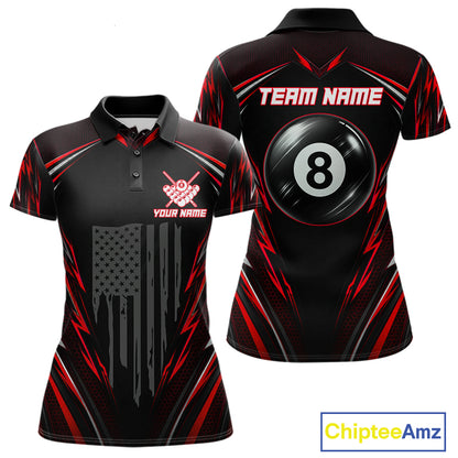 Women's billiard polo with black red American flag and realistic 8 ball artwork, premium performance shirt for APA leagues, billiard tournaments and patriotic events.