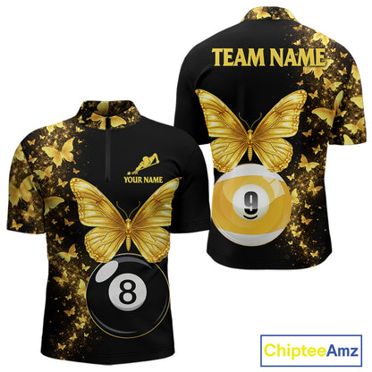 Men's quarter-zip billiard jersey featuring elegant black gold butterflies and billiard ball artwork, custom performance apparel for APA leagues, luxury fashion lovers and championship tournaments, representing excellence and sophistication.
