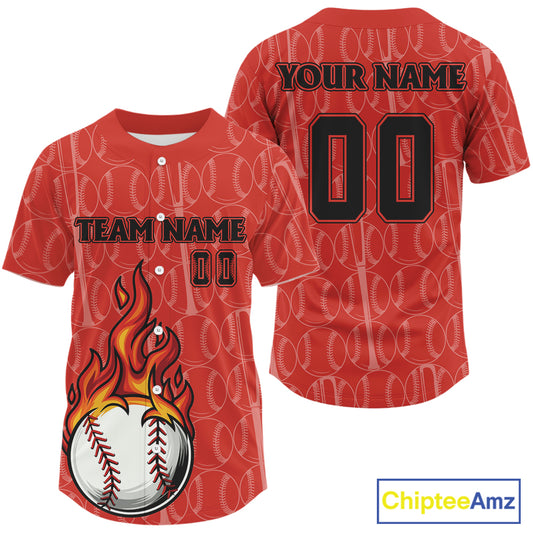 Custom Red Flames Baseball Ball Jersey For Men Personalized Youth Baseball Shirt NYN0899