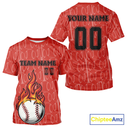 Custom Red Flames Baseball Ball T-Shirt For Men Personalized Youth Baseball Shirt NYN0899