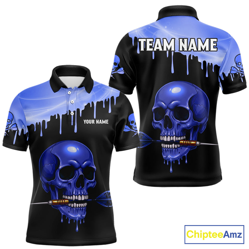 Custom Holographic Blue Skull Darts Shirt Polo For Men Light Skull Dart League Jerseys NYN2111